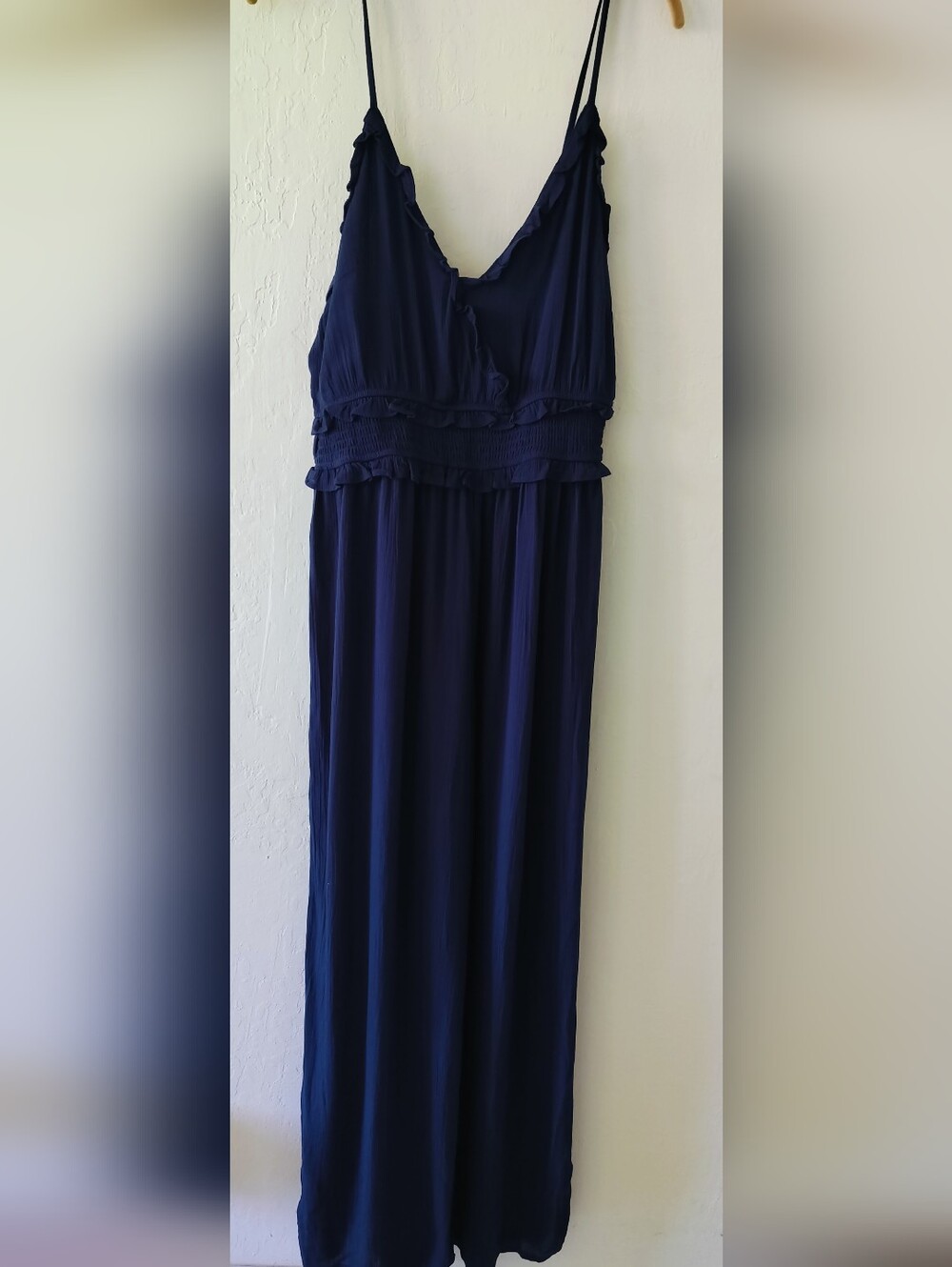 NWT Iris Los Angeles Navy Blue Jumpsuit โ Ruffled V-Neck & Smocked Waist